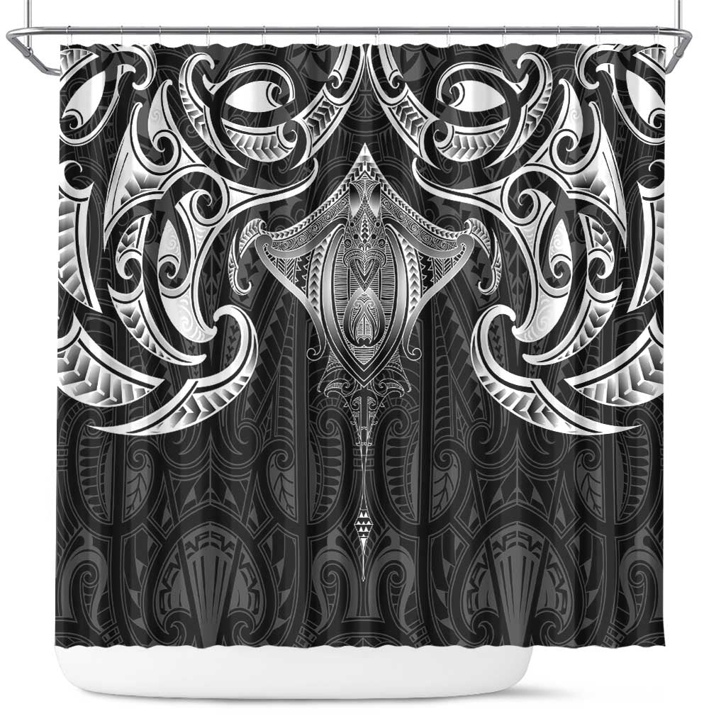 New Zealand Aotearoa Shower Curtain Maori Manta Ray Moko Black - Polynesian Pride