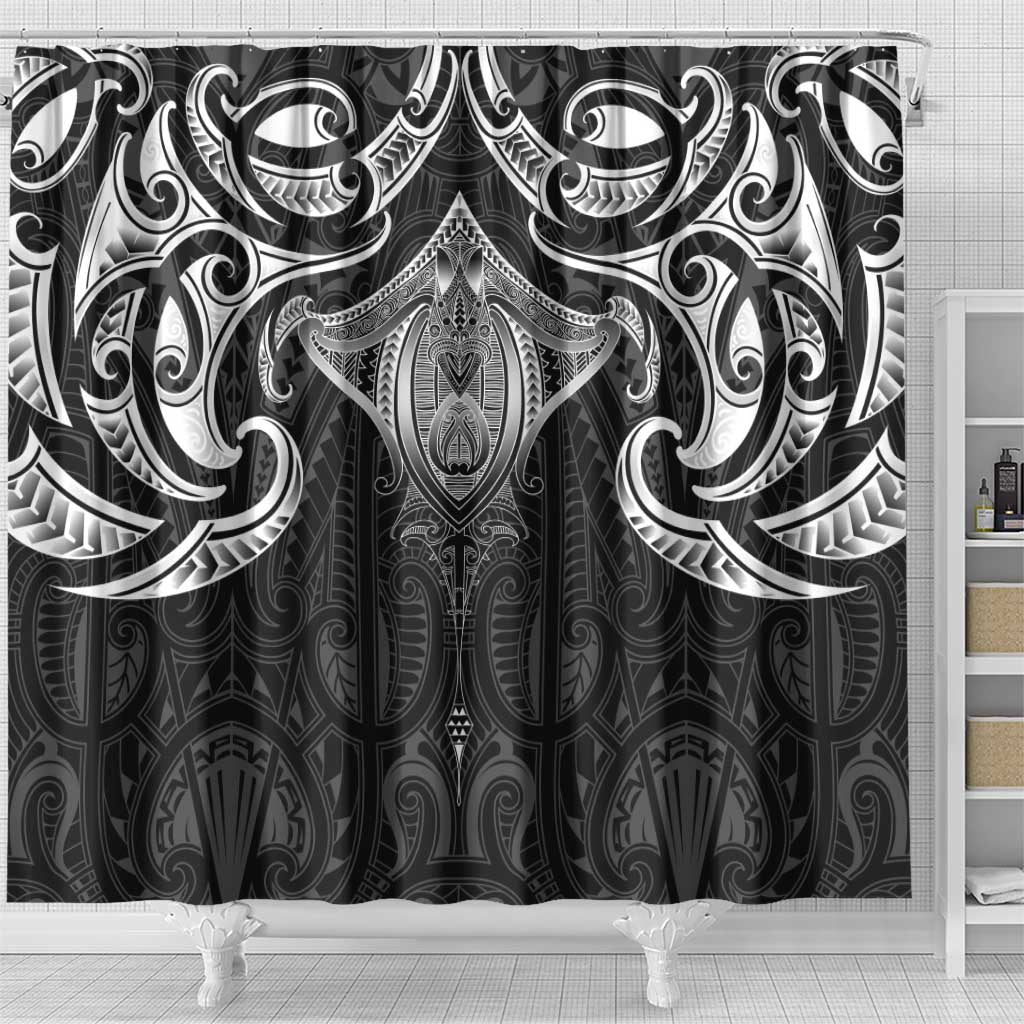 New Zealand Aotearoa Shower Curtain Maori Manta Ray Moko Black - Polynesian Pride