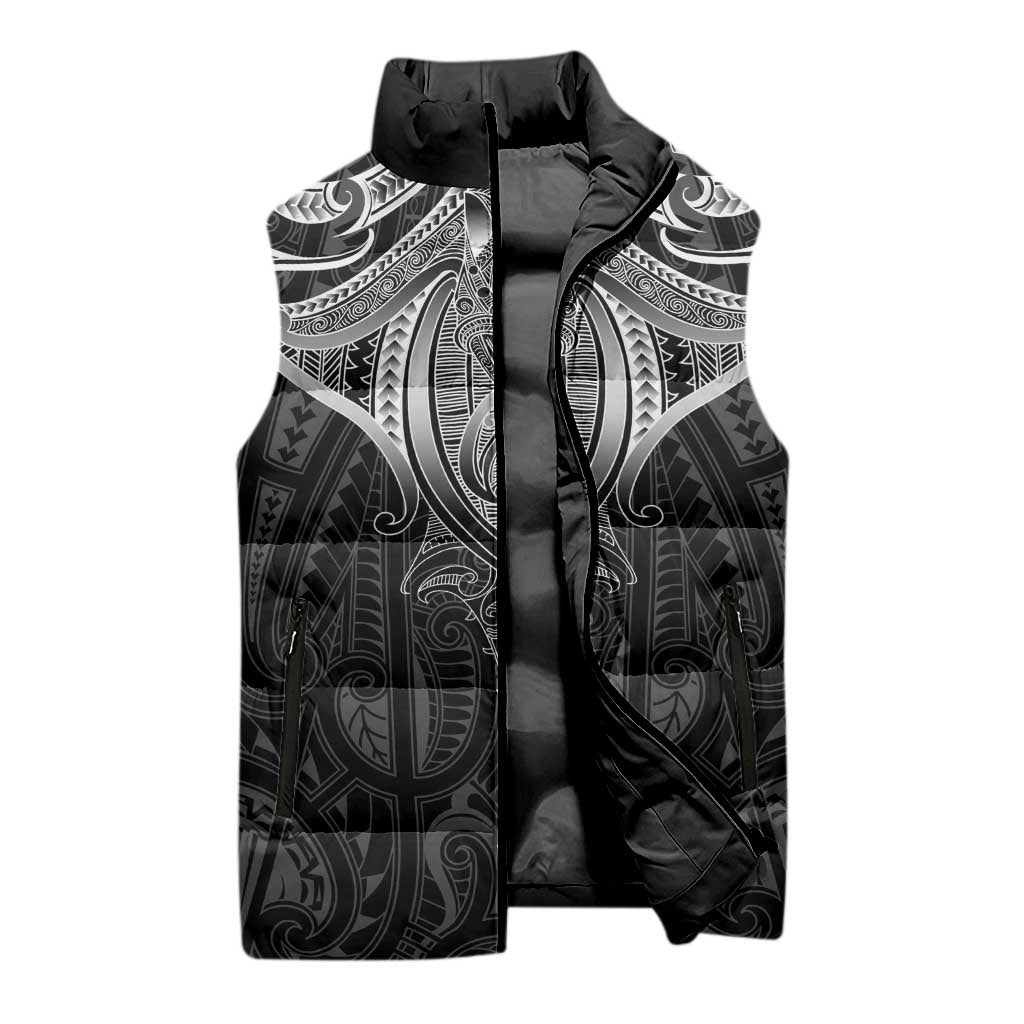 New Zealand Aotearoa Sleeveless Puffer Jacket Maori Manta Ray Moko Black - Polynesian Pride