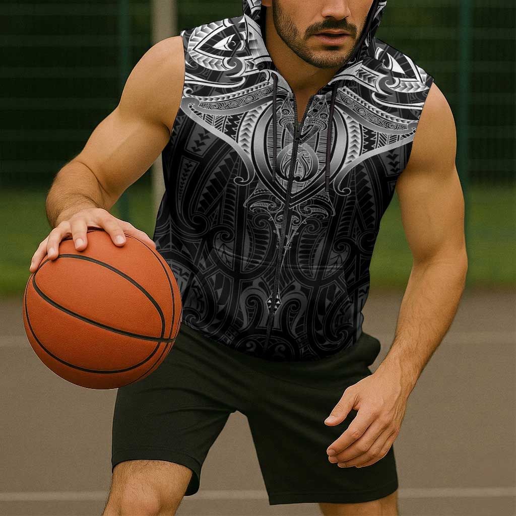 New Zealand Aotearoa Sleeveless Zip Hoodie Maori Manta Ray Moko Black - Polynesian Pride
