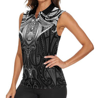New Zealand Aotearoa Women Sleeveless Polo Shirt Maori Manta Ray Moko Black - Polynesian Pride