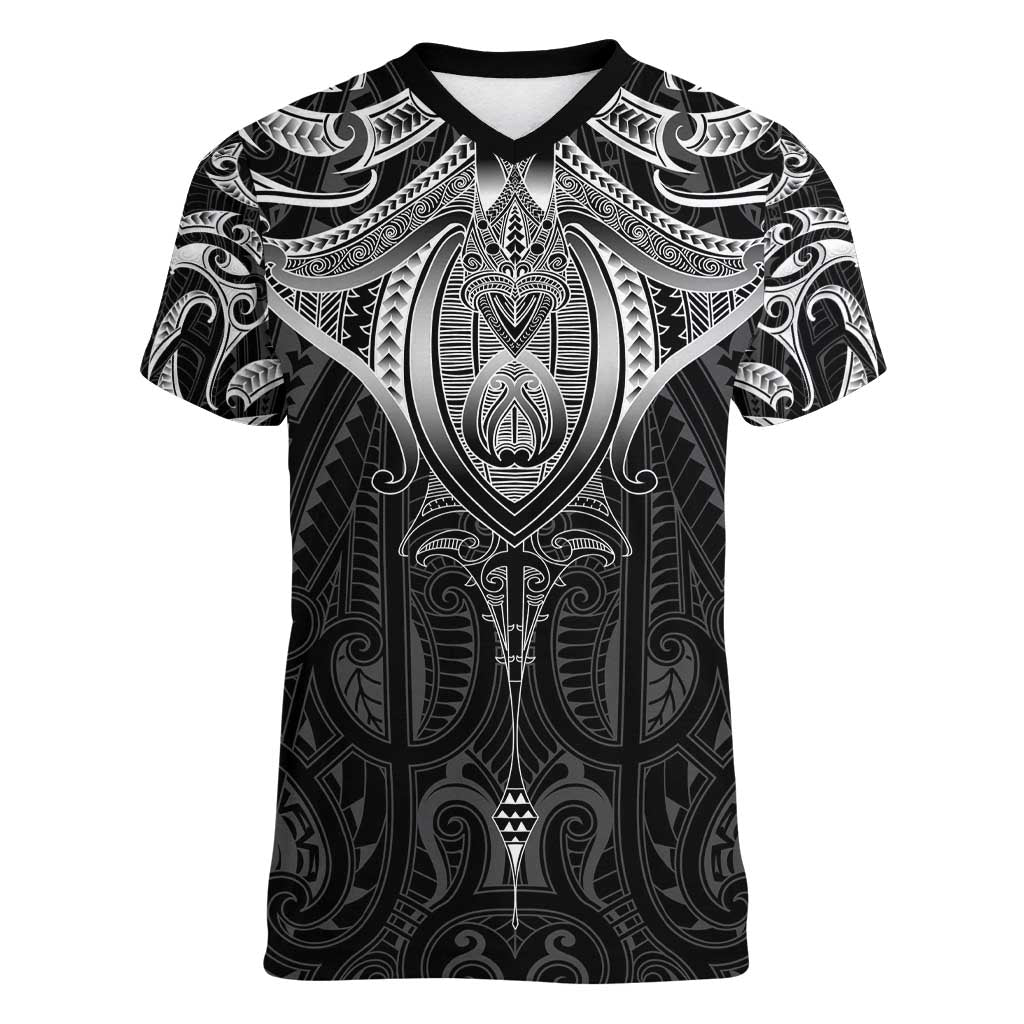 New Zealand Aotearoa Women V-Neck T-Shirt Maori Manta Ray Moko Black - Polynesian Pride