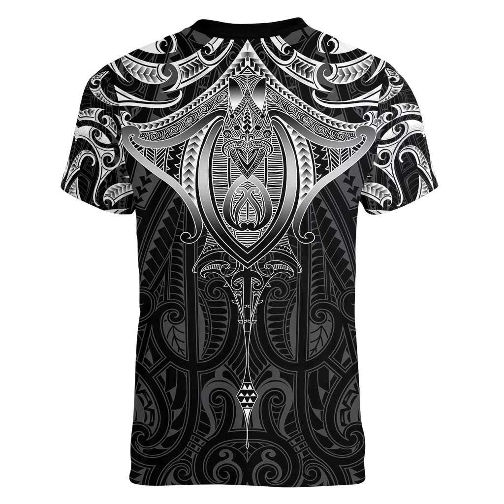 New Zealand Aotearoa Women V-Neck T-Shirt Maori Manta Ray Moko Black - Polynesian Pride