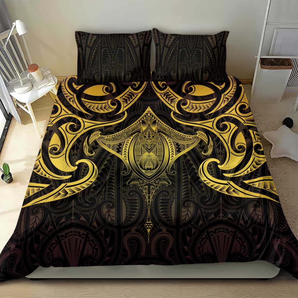 New Zealand Aotearoa Bedding Set Maori Manta Ray Moko Gold - Polynesian Pride