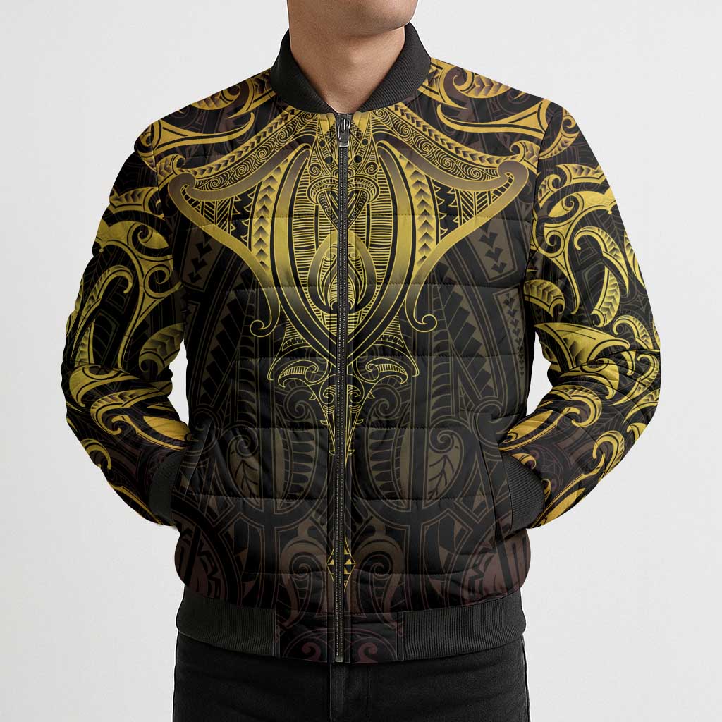 New Zealand Aotearoa Bomber Puffer Jacket Maori Manta Ray Moko Gold - Polynesian Pride