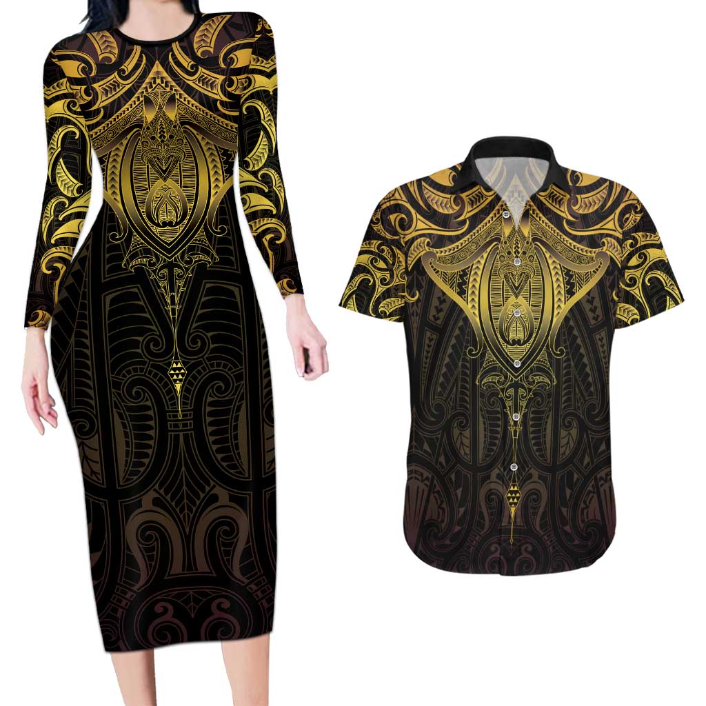 New Zealand Aotearoa Couples Matching Long Sleeve Bodycon Dress and Hawaiian Shirt Maori Manta Ray Moko Gold - Polynesian Pride