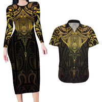 New Zealand Aotearoa Couples Matching Long Sleeve Bodycon Dress and Hawaiian Shirt Maori Manta Ray Moko Gold - Polynesian Pride