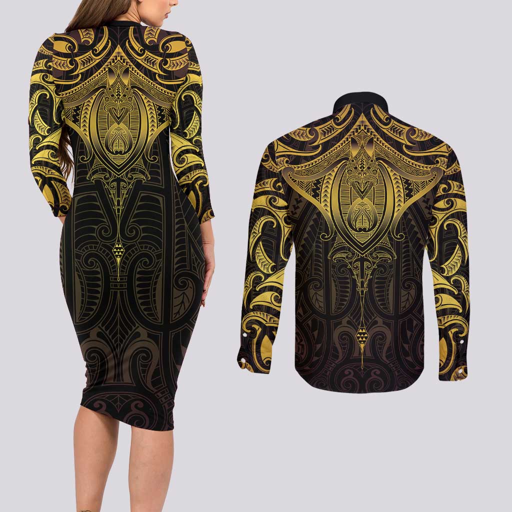 New Zealand Aotearoa Couples Matching Long Sleeve Bodycon Dress and Long Sleeve Button Shirt Maori Manta Ray Moko Gold - Polynesian Pride