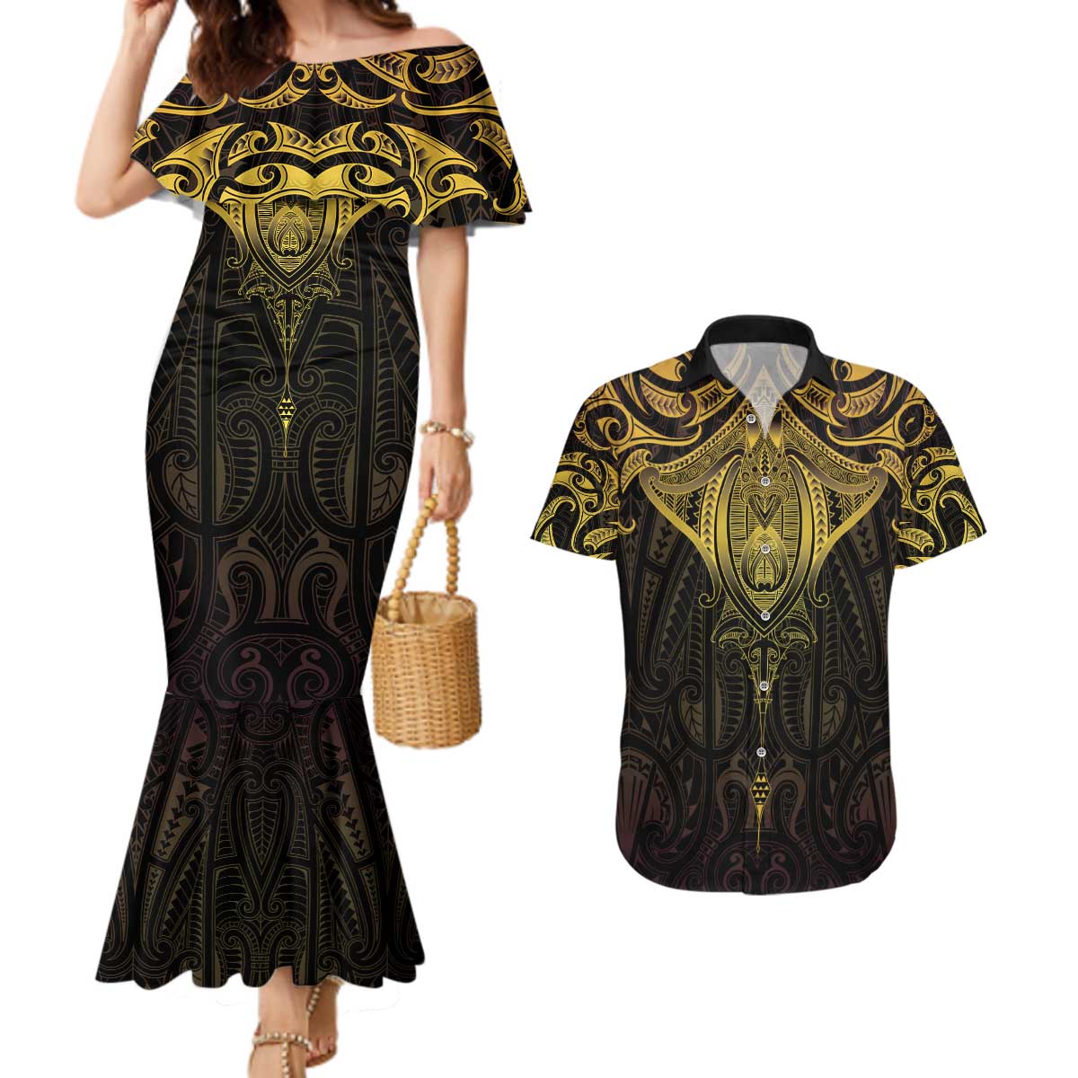New Zealand Aotearoa Couples Matching Mermaid Dress and Hawaiian Shirt Maori Manta Ray Moko Gold - Polynesian Pride