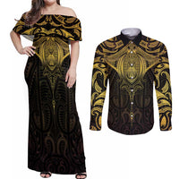 New Zealand Aotearoa Couples Matching Off Shoulder Maxi Dress and Long Sleeve Button Shirt Maori Manta Ray Moko Gold - Polynesian Pride