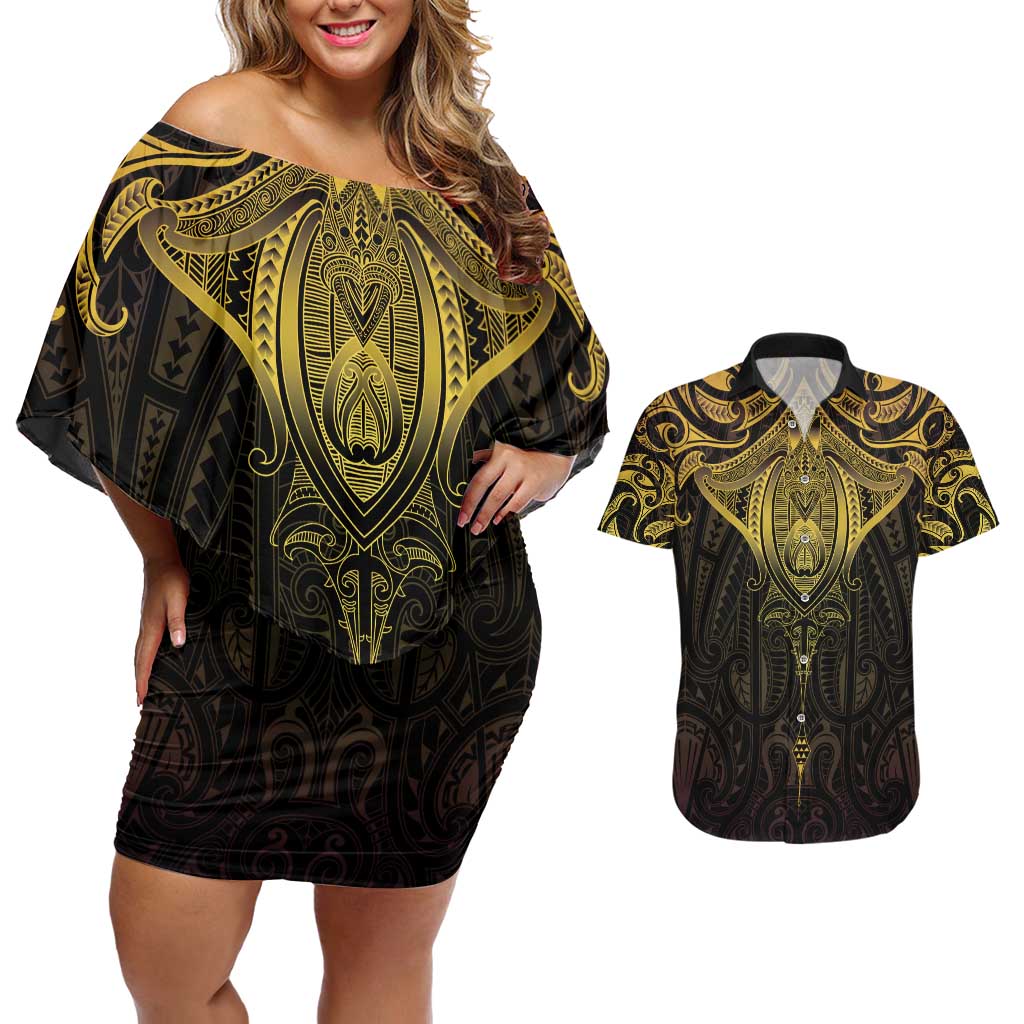 New Zealand Aotearoa Couples Matching Off Shoulder Short Dress and Hawaiian Shirt Maori Manta Ray Moko Gold - Polynesian Pride