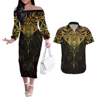New Zealand Aotearoa Couples Matching Off The Shoulder Long Sleeve Dress and Hawaiian Shirt Maori Manta Ray Moko Gold - Polynesian Pride