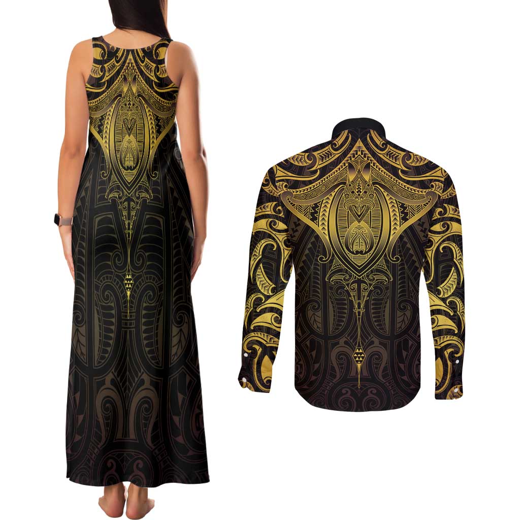 New Zealand Aotearoa Couples Matching Tank Maxi Dress and Long Sleeve Button Shirt Maori Manta Ray Moko Gold - Polynesian Pride
