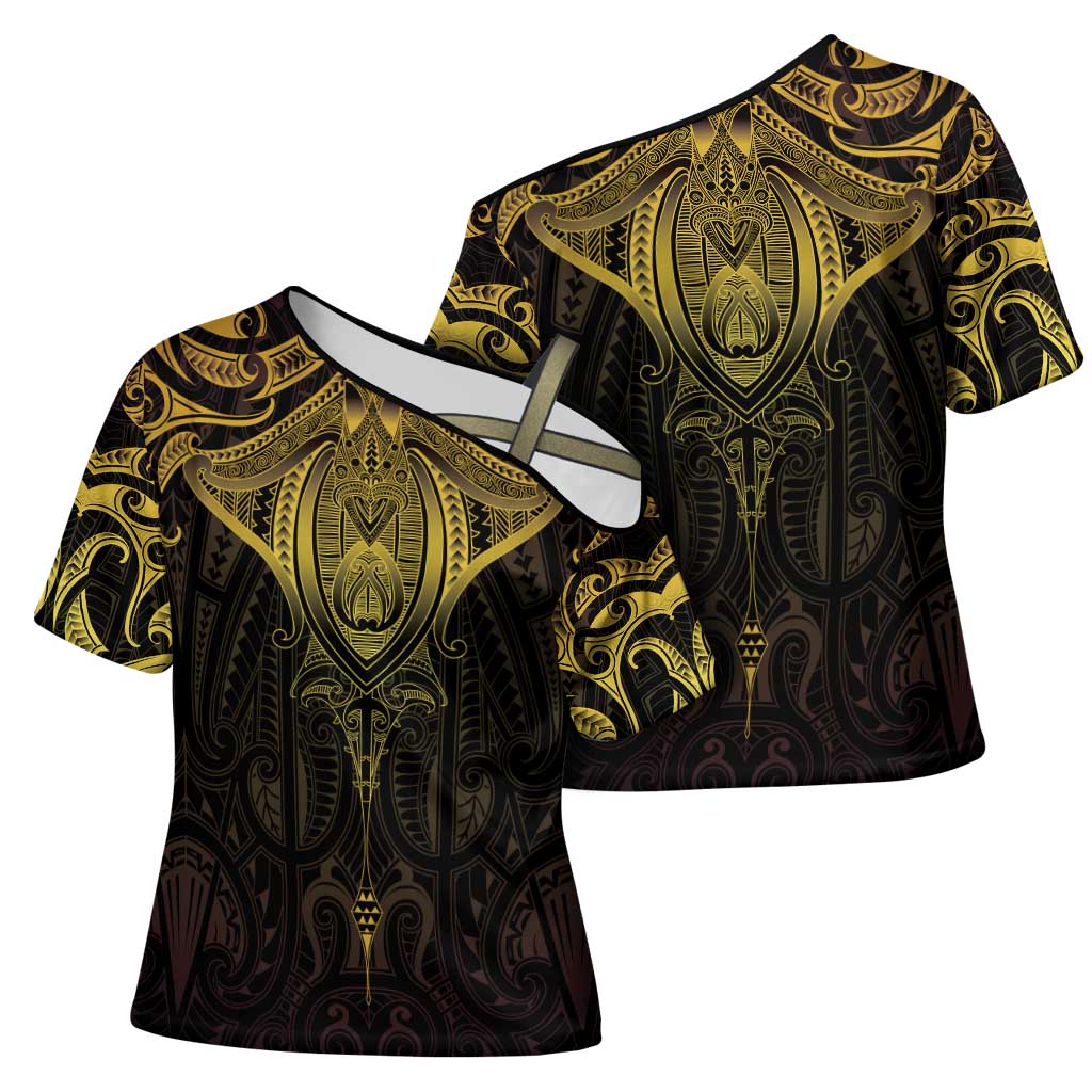 New Zealand Aotearoa Cross Shoulder Shirt Maori Manta Ray Moko Gold - Polynesian Pride