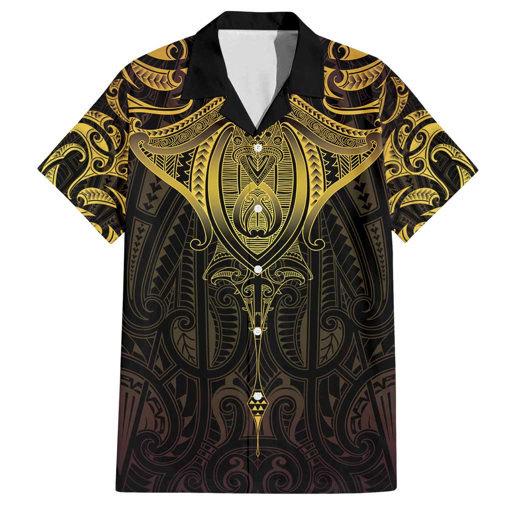 New Zealand Aotearoa Family Matching Long Sleeve Bodycon Dress and Hawaiian Shirt Maori Manta Ray Moko Gold LT05 Dad's Shirt - Short Sleeve Gold - Polynesian Pride