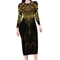 New Zealand Aotearoa Family Matching Long Sleeve Bodycon Dress and Hawaiian Shirt Maori Manta Ray Moko Gold LT05 Mom's Dress Gold - Polynesian Pride
