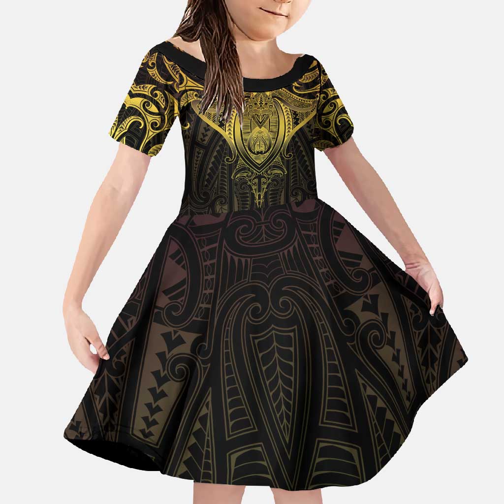 New Zealand Aotearoa Family Matching Mermaid Dress and Hawaiian Shirt Maori Manta Ray Moko Gold LT05 Daughter's Dress Gold - Polynesian Pride