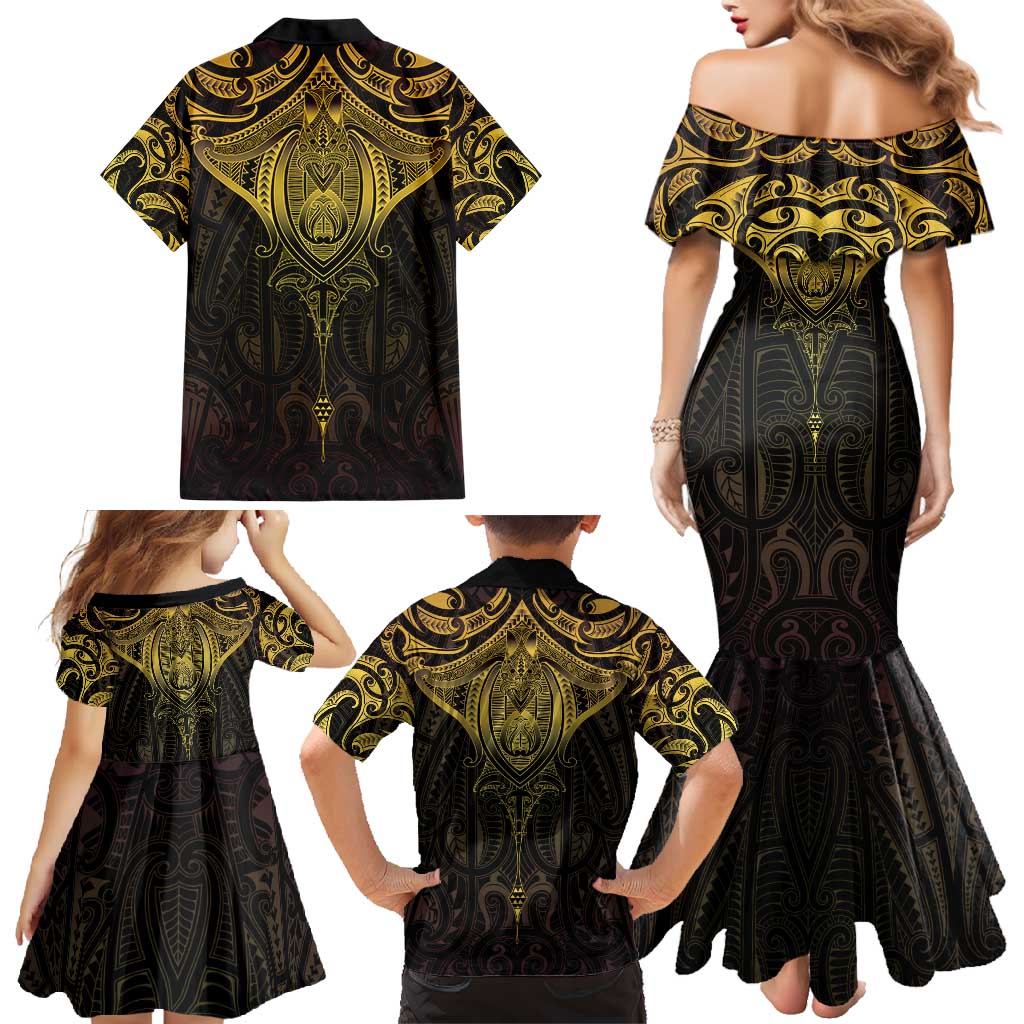 New Zealand Aotearoa Family Matching Mermaid Dress and Hawaiian Shirt Maori Manta Ray Moko Gold LT05 - Polynesian Pride