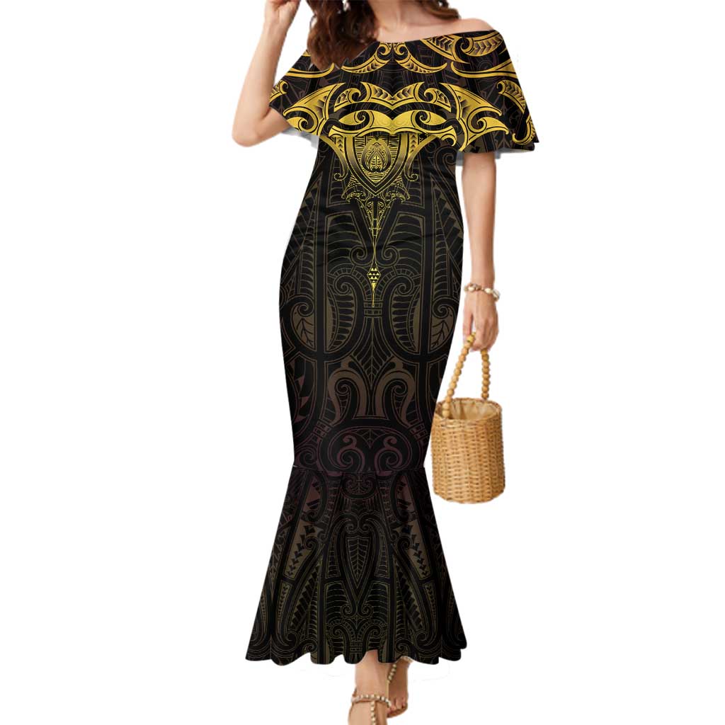 New Zealand Aotearoa Family Matching Mermaid Dress and Hawaiian Shirt Maori Manta Ray Moko Gold LT05 Mom's Dress Gold - Polynesian Pride