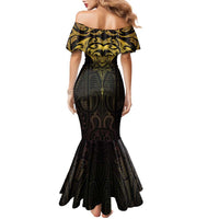 New Zealand Aotearoa Family Matching Mermaid Dress and Hawaiian Shirt Maori Manta Ray Moko Gold LT05 - Polynesian Pride