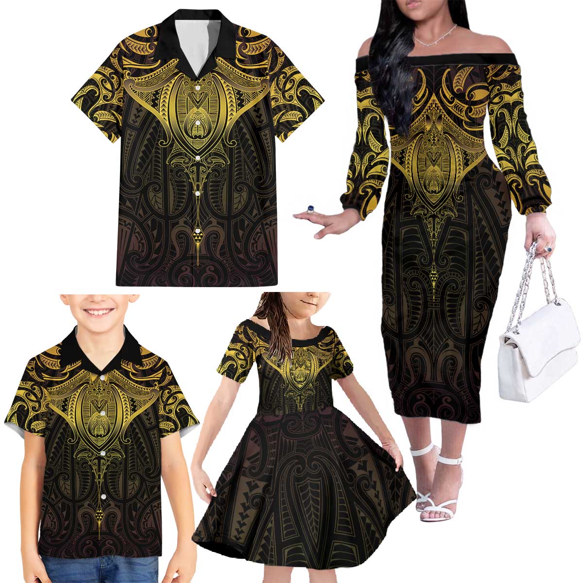 New Zealand Aotearoa Family Matching Off The Shoulder Long Sleeve Dress and Hawaiian Shirt Maori Manta Ray Moko Gold - Polynesian Pride