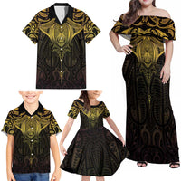 New Zealand Aotearoa Family Matching Off Shoulder Maxi Dress and Hawaiian Shirt Maori Manta Ray Moko Gold - Polynesian Pride