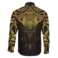 New Zealand Aotearoa Family Matching Off Shoulder Maxi Dress and Hawaiian Shirt Maori Manta Ray Moko Gold - Polynesian Pride