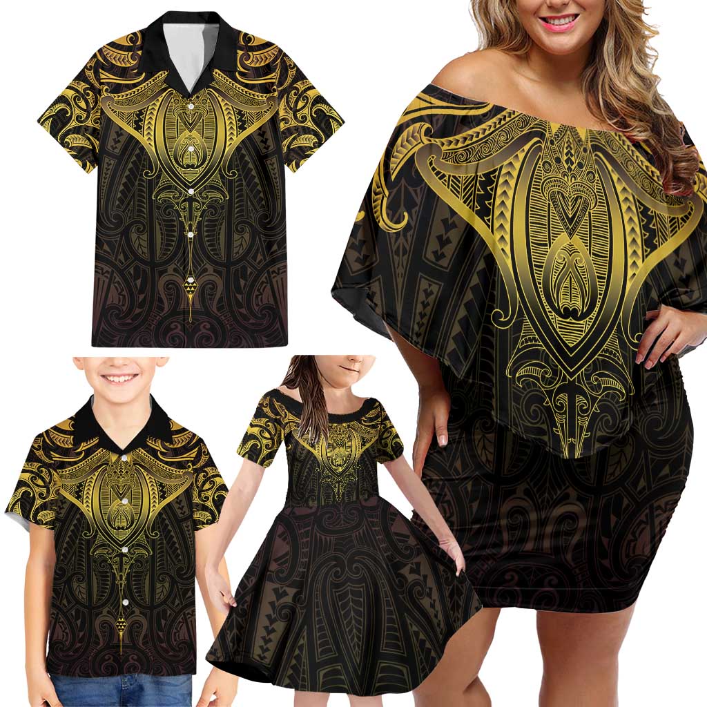 New Zealand Aotearoa Family Matching Off Shoulder Short Dress and Hawaiian Shirt Maori Manta Ray Moko Gold - Polynesian Pride