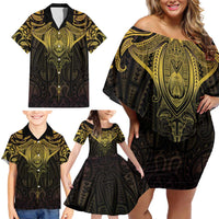New Zealand Aotearoa Family Matching Off Shoulder Short Dress and Hawaiian Shirt Maori Manta Ray Moko Gold - Polynesian Pride
