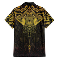 New Zealand Aotearoa Family Matching Off Shoulder Short Dress and Hawaiian Shirt Maori Manta Ray Moko Gold - Polynesian Pride