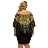 New Zealand Aotearoa Family Matching Off Shoulder Short Dress and Hawaiian Shirt Maori Manta Ray Moko Gold - Polynesian Pride