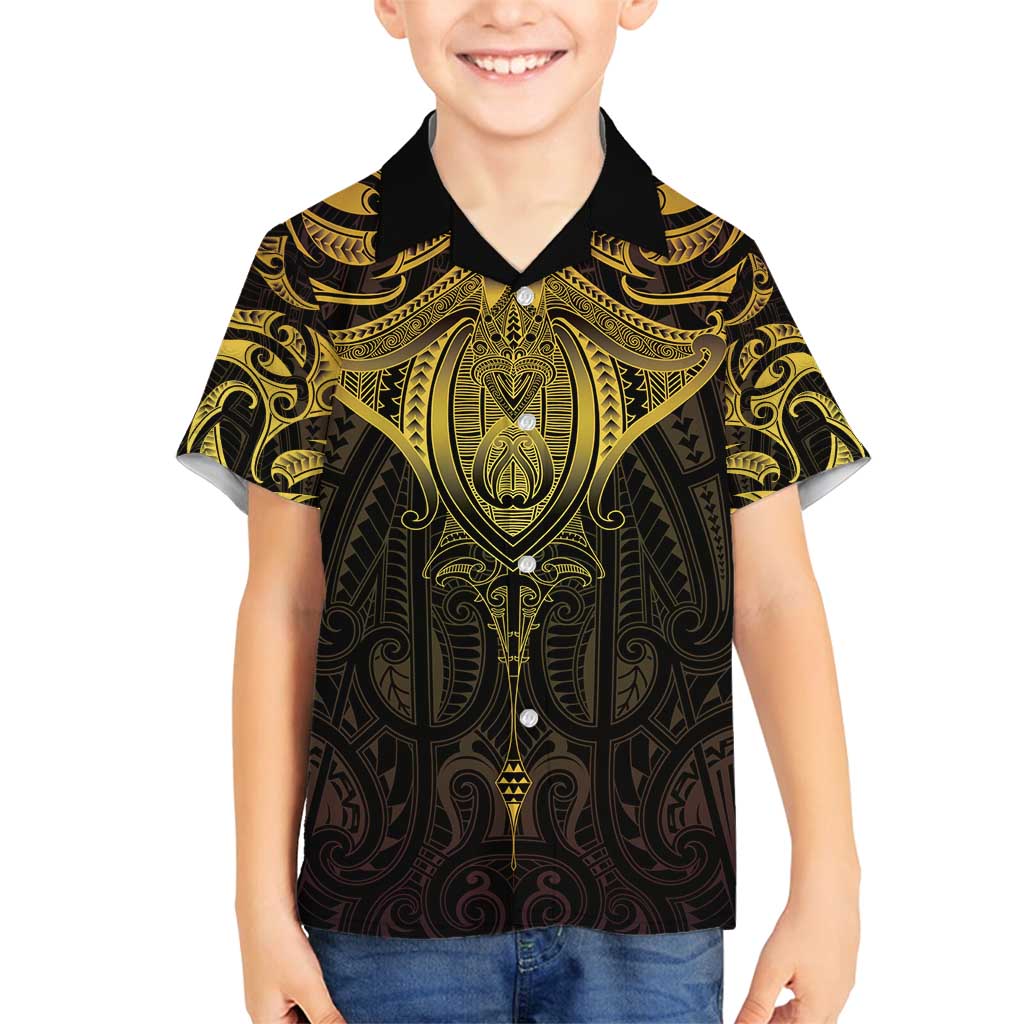 New Zealand Aotearoa Family Matching Off Shoulder Short Dress and Hawaiian Shirt Maori Manta Ray Moko Gold - Polynesian Pride