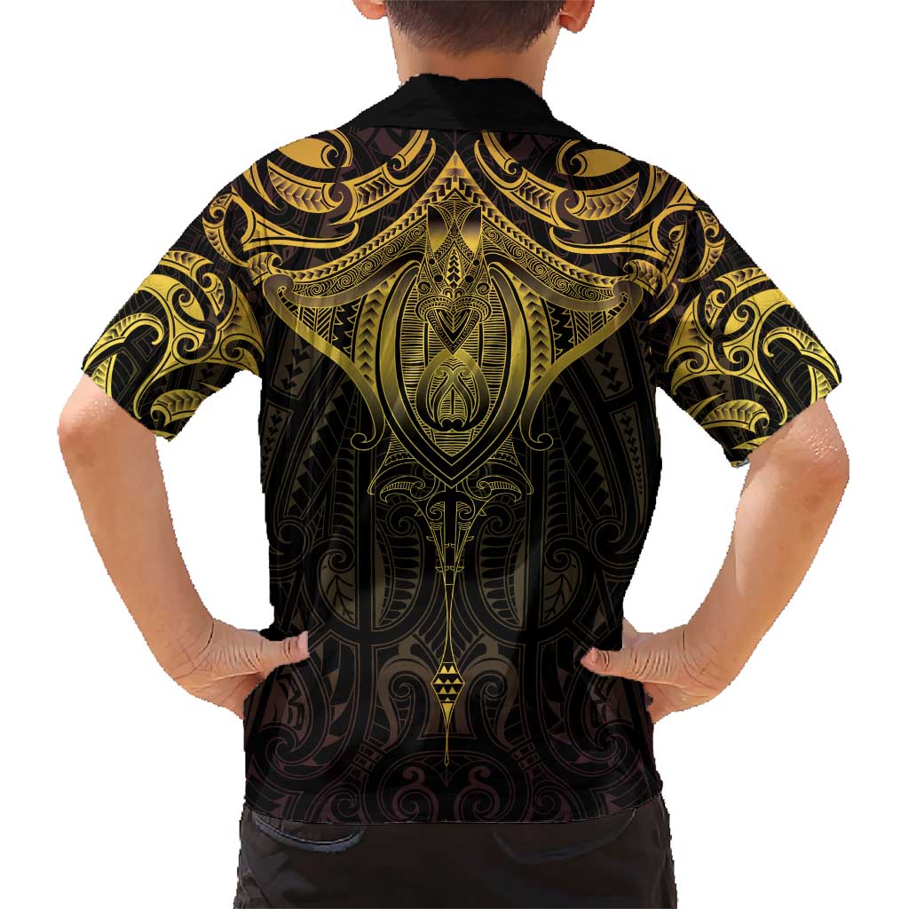New Zealand Aotearoa Family Matching Short Sleeve Bodycon Dress and Hawaiian Shirt Maori Manta Ray Moko Gold LT05 - Polynesian Pride