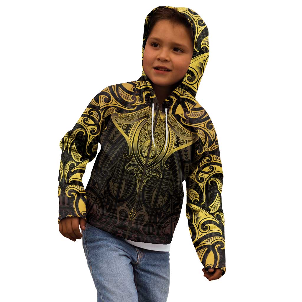 New Zealand Aotearoa Kid Hoodie Maori Manta Ray Moko Gold - Polynesian Pride