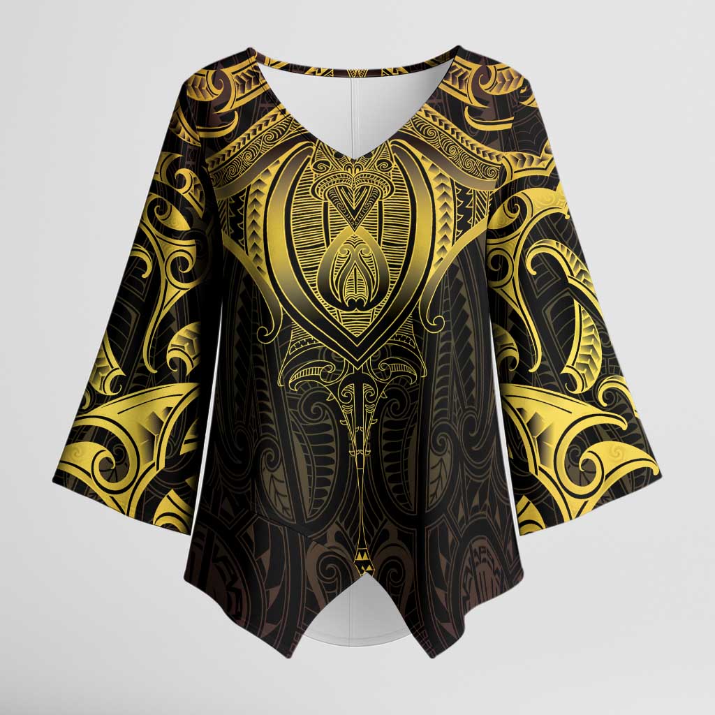 New Zealand Aotearoa Kimono Sleeve Blouse Maori Manta Ray Moko Gold - Polynesian Pride