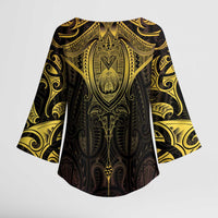New Zealand Aotearoa Kimono Sleeve Blouse Maori Manta Ray Moko Gold - Polynesian Pride