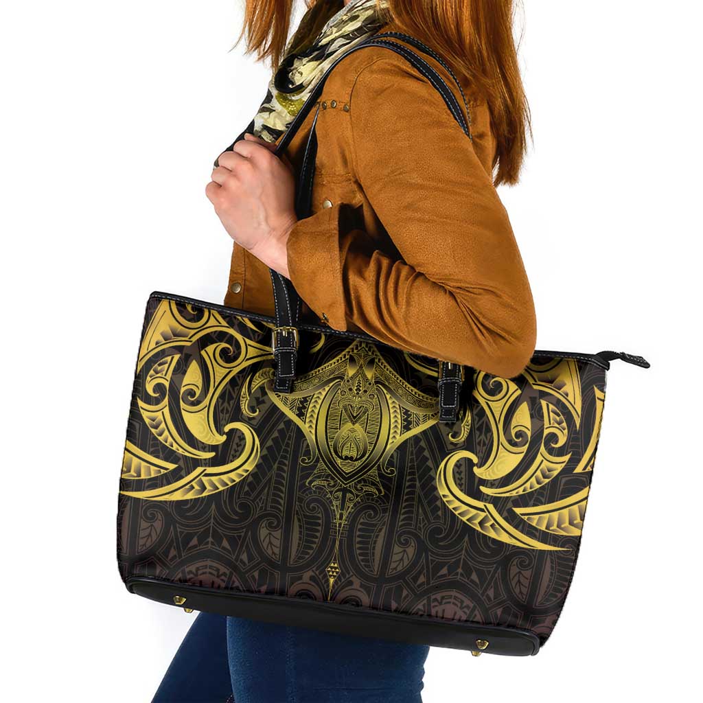 New Zealand Aotearoa Leather Tote Bag Maori Manta Ray Moko Gold - Polynesian Pride