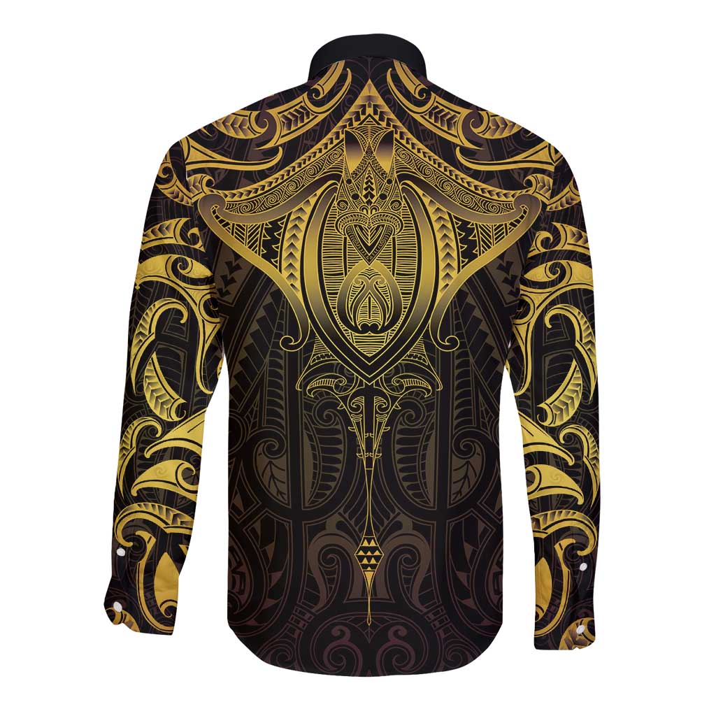 New Zealand Aotearoa Long Sleeve Button Shirt Maori Manta Ray Moko Gold - Polynesian Pride