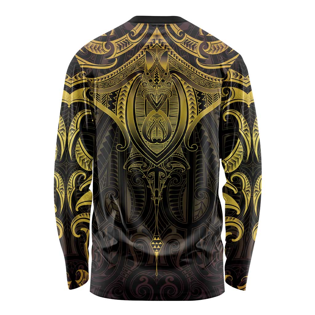 New Zealand Aotearoa Long Sleeve Shirt Maori Manta Ray Moko Gold - Polynesian Pride