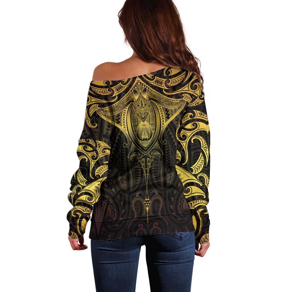 New Zealand Aotearoa Off Shoulder Sweater Maori Manta Ray Moko Gold LT05 - Polynesian Pride