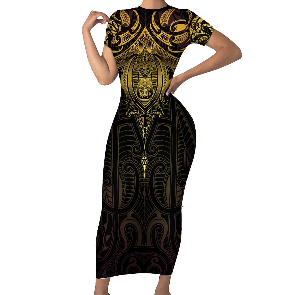 New Zealand Aotearoa Short Sleeve Bodycon Dress Maori Manta Ray Moko Gold - Polynesian Pride