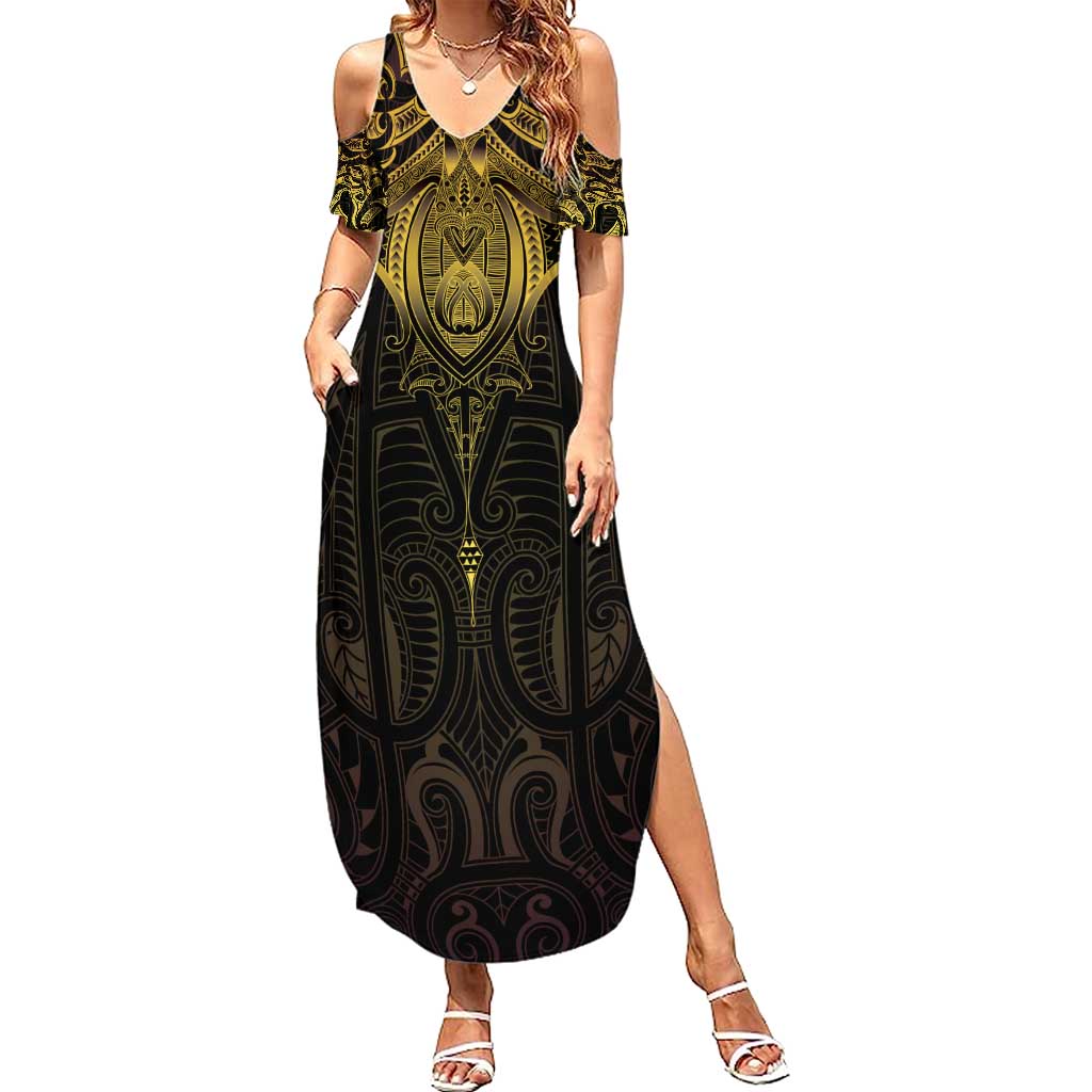 New Zealand Aotearoa Summer Maxi Dress Maori Manta Ray Moko Gold - Polynesian Pride
