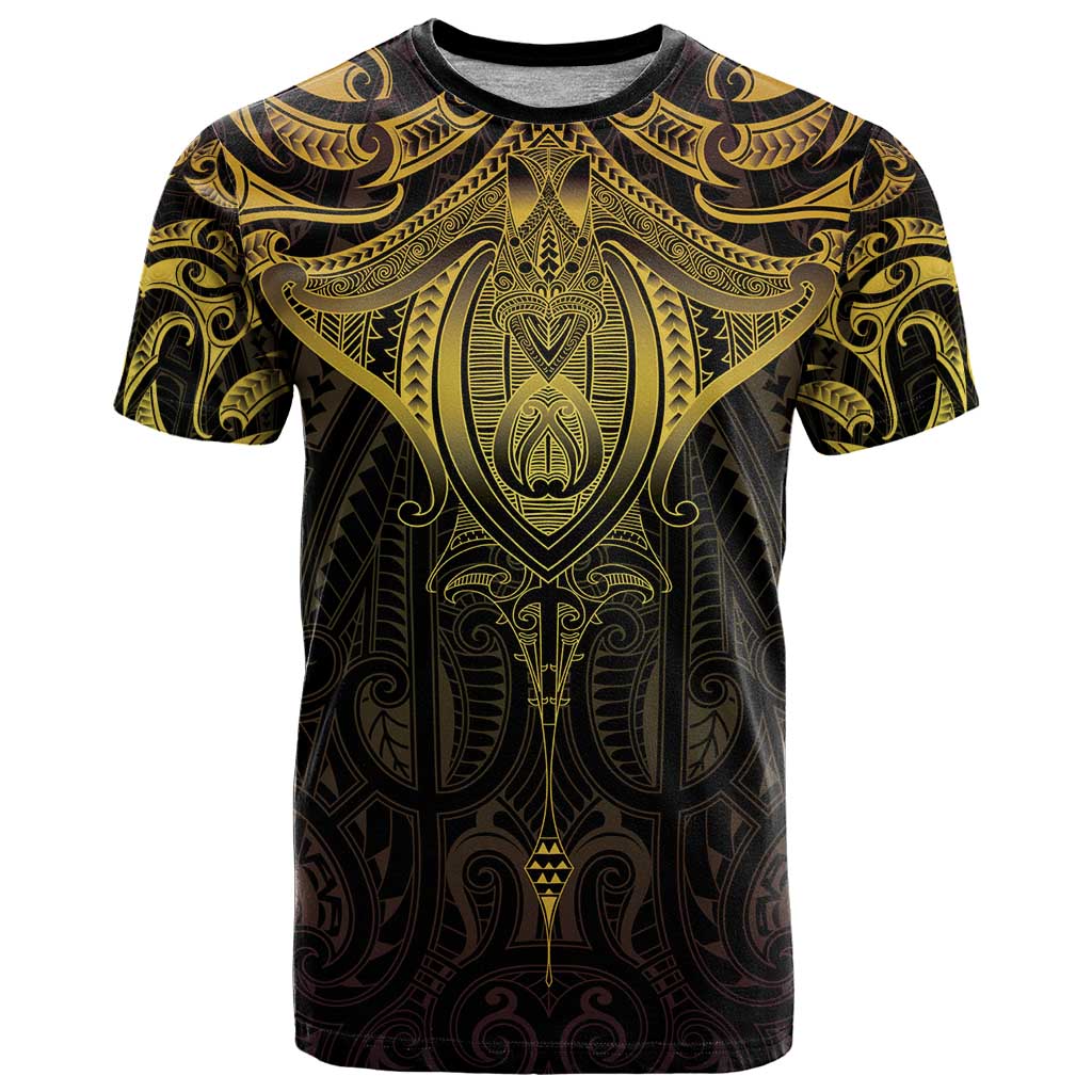 New Zealand Aotearoa T Shirt Maori Manta Ray Moko Gold - Polynesian Pride