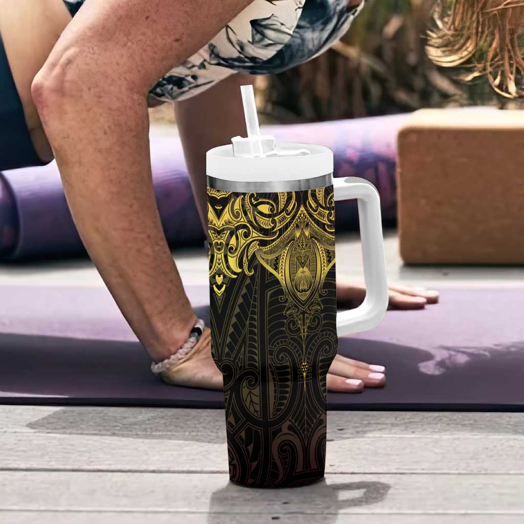 New Zealand Aotearoa Tumbler With Handle Maori Manta Ray Moko Gold - Polynesian Pride