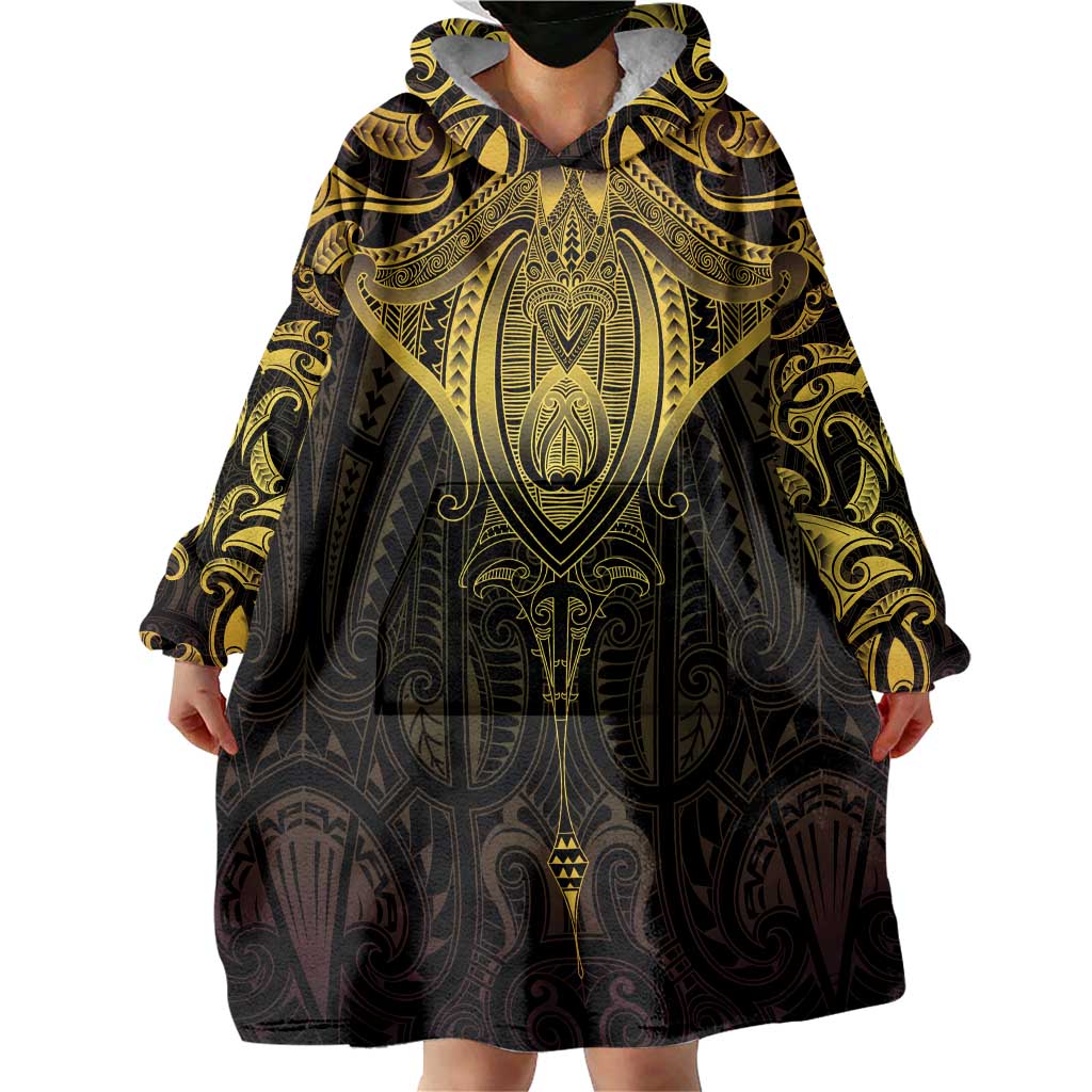 New Zealand Aotearoa Wearable Blanket Hoodie Maori Manta Ray Moko Gold - Polynesian Pride