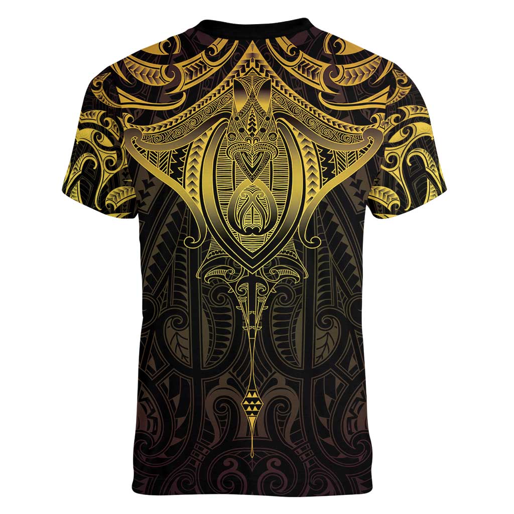 New Zealand Aotearoa Women V-Neck T-Shirt Maori Manta Ray Moko Gold - Polynesian Pride