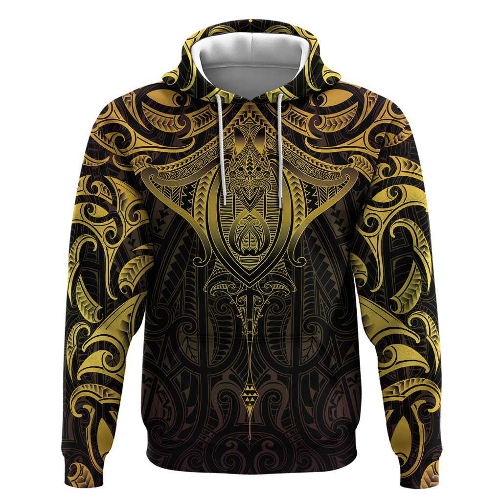 New Zealand Aotearoa Zip Hoodie Maori Manta Ray Moko Gold LT05 Pullover Hoodie Gold - Polynesian Pride