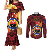 Papua New Guinea Gulf Province Couples Matching Mermaid Dress and Long Sleeve Button Shirts Mix Coat Of Arms Polynesian Pattern LT05 Red - Polynesian Pride