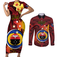 Papua New Guinea Gulf Province Couples Matching Short Sleeve Bodycon Dress and Long Sleeve Button Shirts Mix Coat Of Arms Polynesian Pattern LT05 Red - Polynesian Pride
