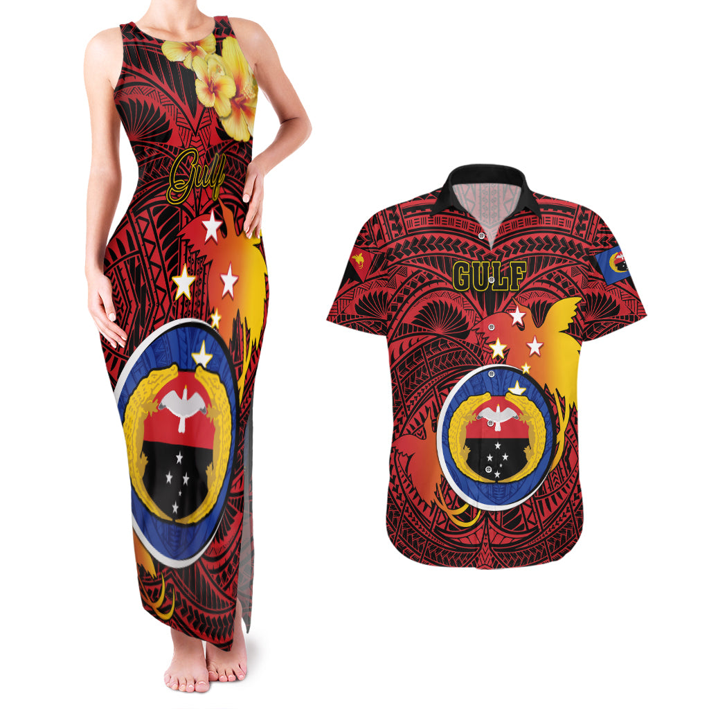Papua New Guinea Gulf Province Couples Matching Tank Maxi Dress and Hawaiian Shirt Mix Coat Of Arms Polynesian Pattern LT05 Red - Polynesian Pride